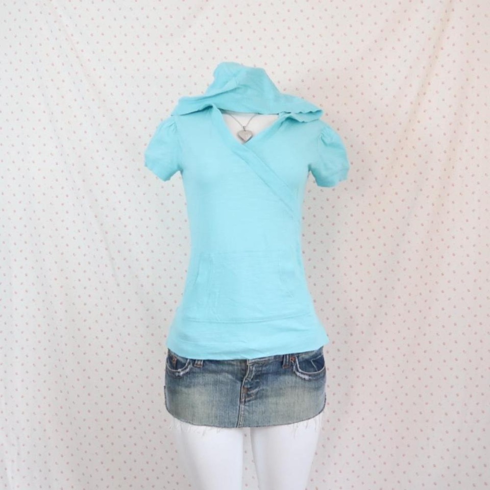 Old Navy Blue Wrap Hoodie Top Y2K Short Sleeve - Picture 3 of 5